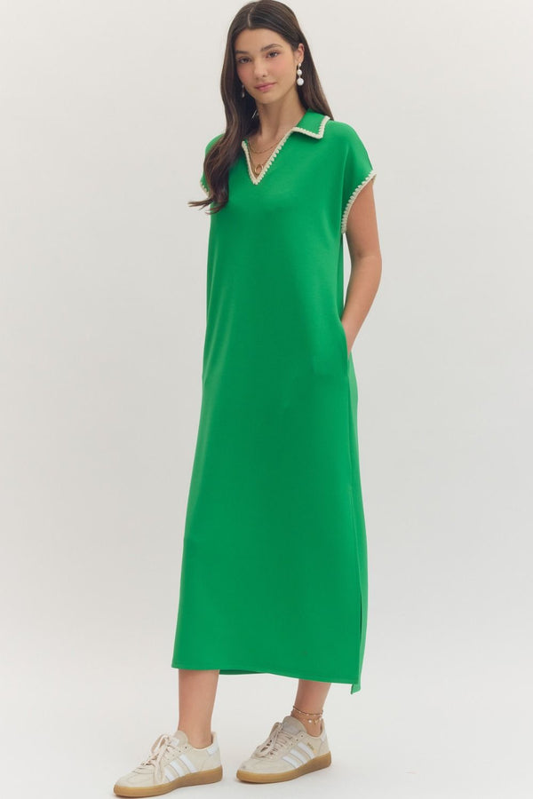 Green Solid Cap Sleeve Midi Dress w Contrast Scallop Trim