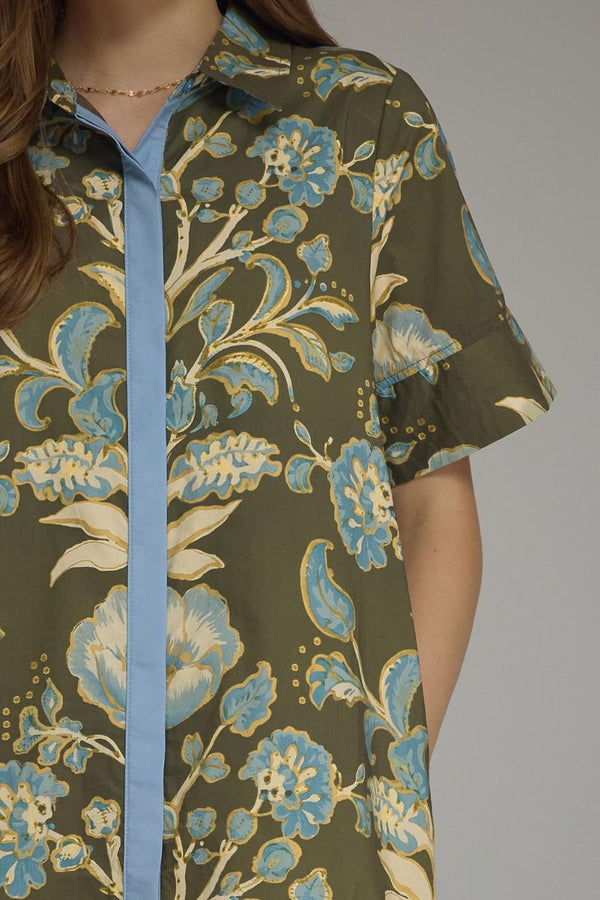 Olive Floral Print Short Sleeve Midi Dress w Contrast Trim Detail