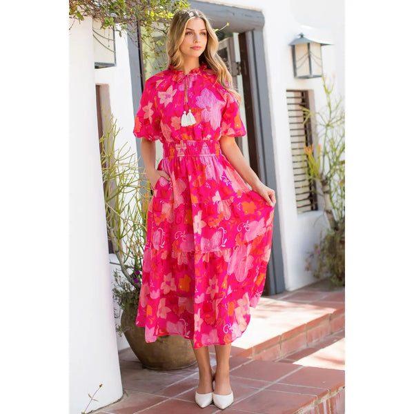 Floral Puff Sleeve Tiered Maxi Dress Pink