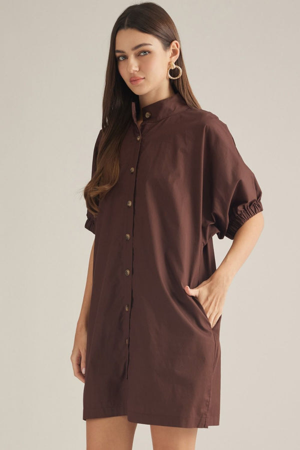 Solid Brown Short Puff Sleeve Mini Dress