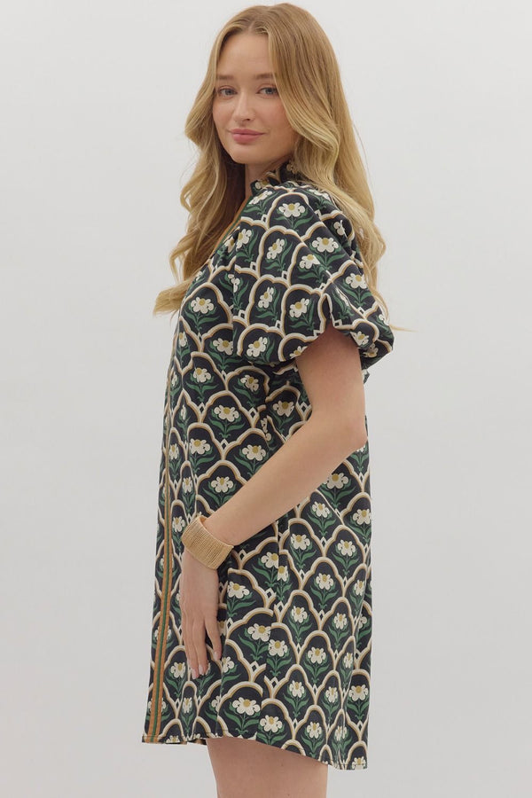 Botanical Print Short Puff Sleeve Mini Dress