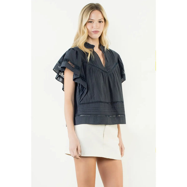 Short Sleeve Navy Lace Detail V-Neck Top