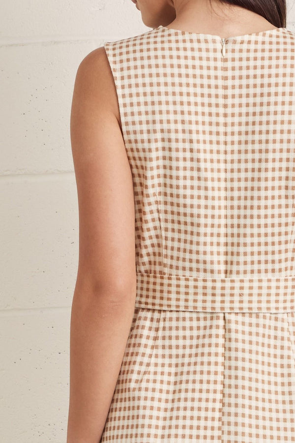Tan Gingham Midi Dress w Self-Tie Waist Detail