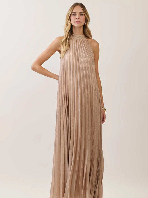 Gold Metallic Pleated Halter Maxi Dress