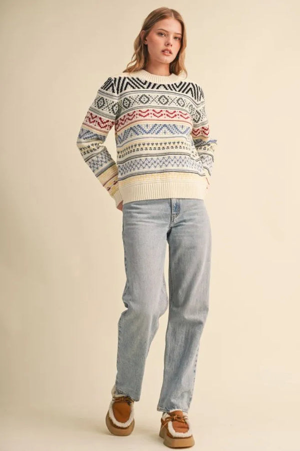 Off White & Colorful Geometric Knit Sweater