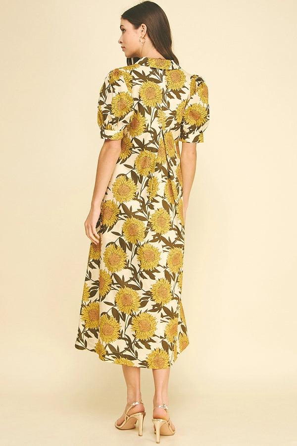 Golden Sunflower Puff Sleeve Midi Dress