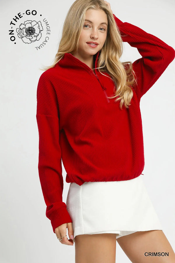 Crimson Ribbed Half-Zip Pullover