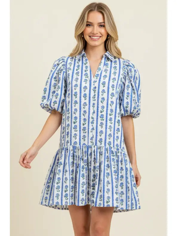Blue Floral Stripe Puffed Sleeve Mini Dress