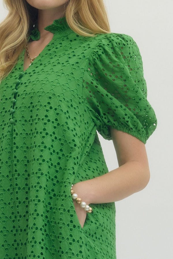 Green Eyelet Puff Sleeve Midi Dress