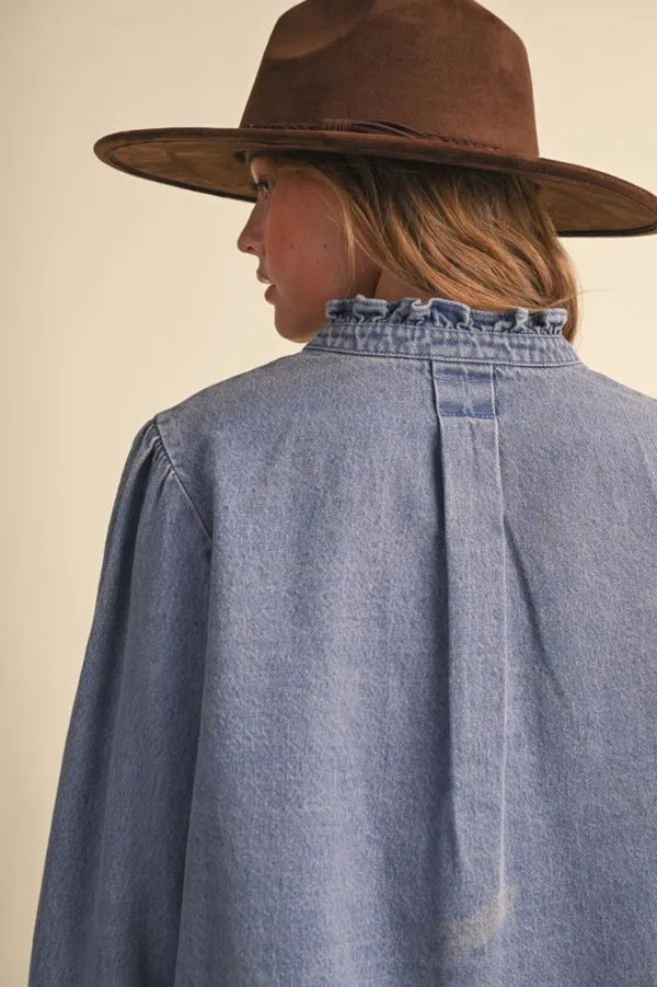 Denim Button Down Top w Ruffle Mock Neckline