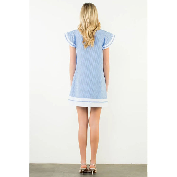 Blue Flutter Sleeve Striped V-Neck Dress