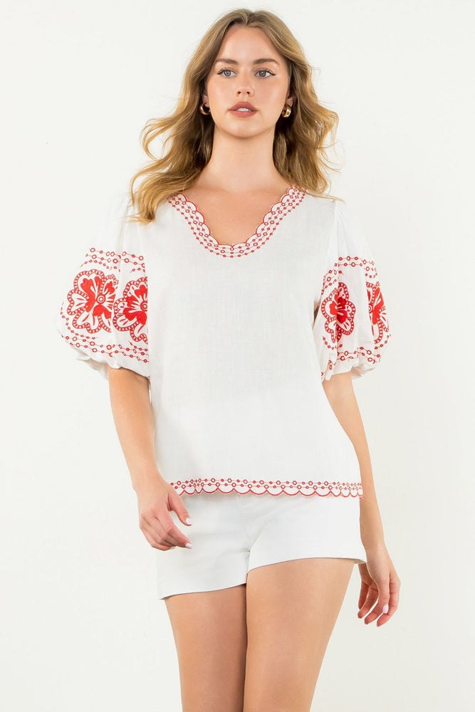 Embroidered Puff Sleeve Top