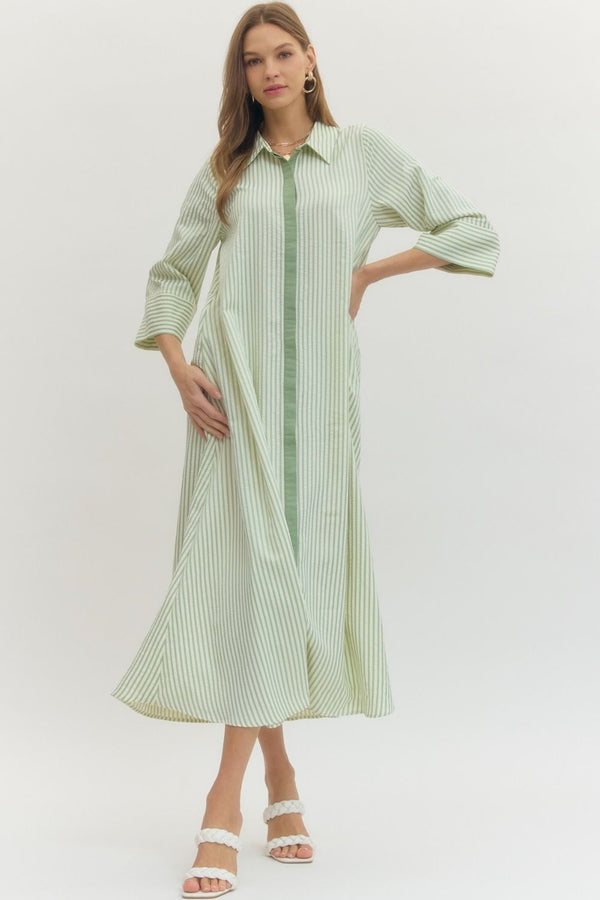 Sage Striped 3/4 Sleeve Midi Dress