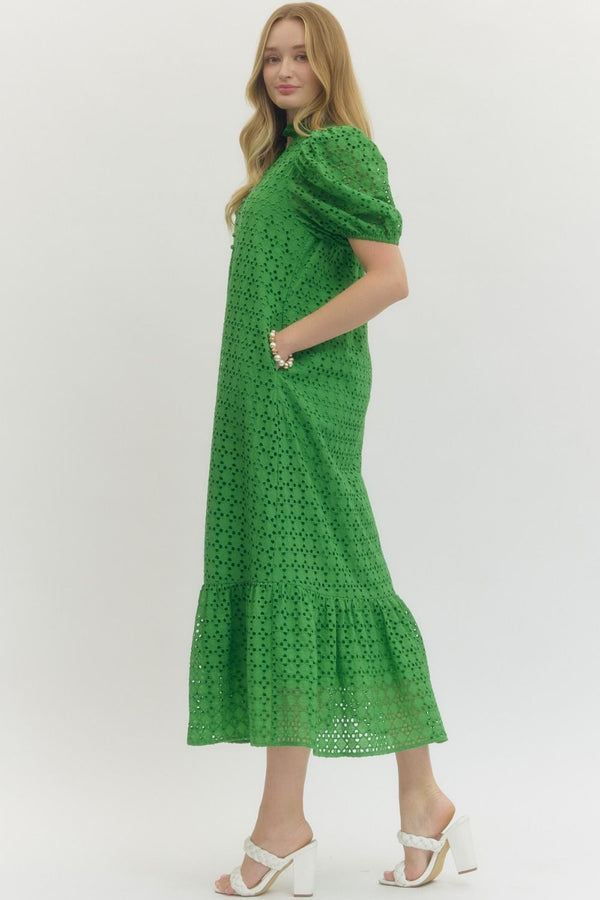 Green Eyelet Puff Sleeve Midi Dress