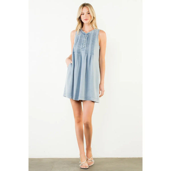 Sleeveless Blue Button Pintuck Denim Dress