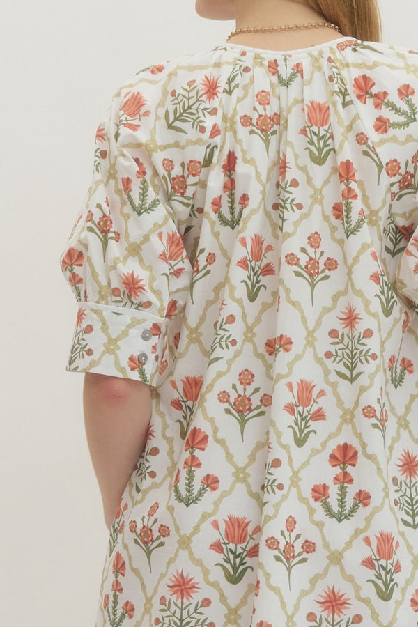 Salmon Floral Sleeve Midi Dress