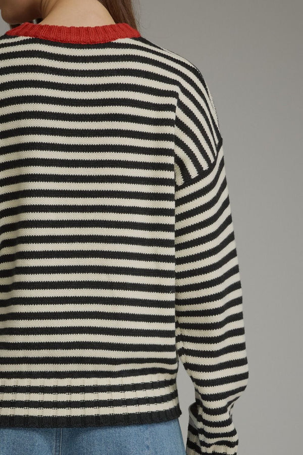 Cream & Black Stripe Knit Top w Contrast Round Neck
