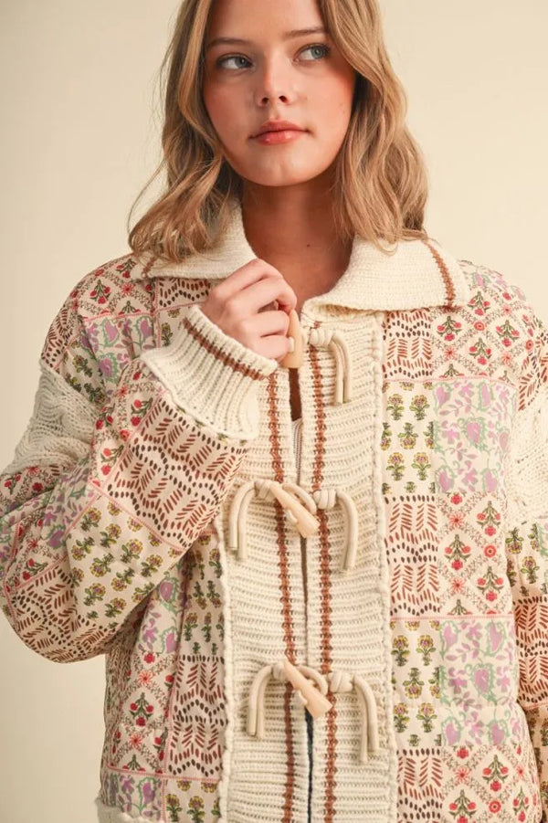 Mixed Media Puff Jacket in Warm Sand Floral