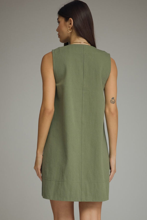 Olive Mini Dress Featuring Front Pockets With Metal Accent