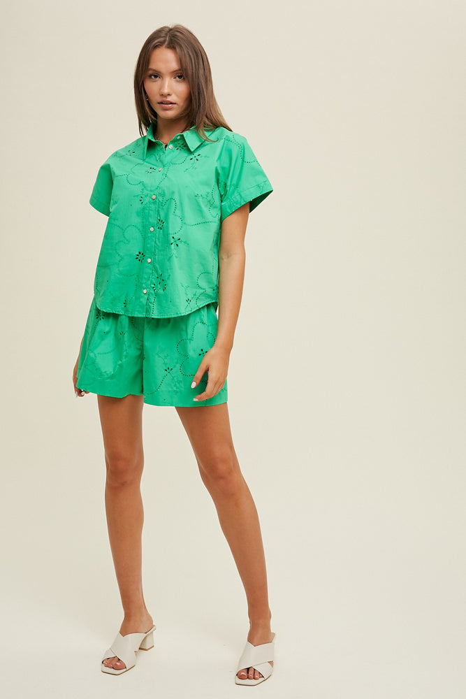 Green Floral Eyelet Shorts