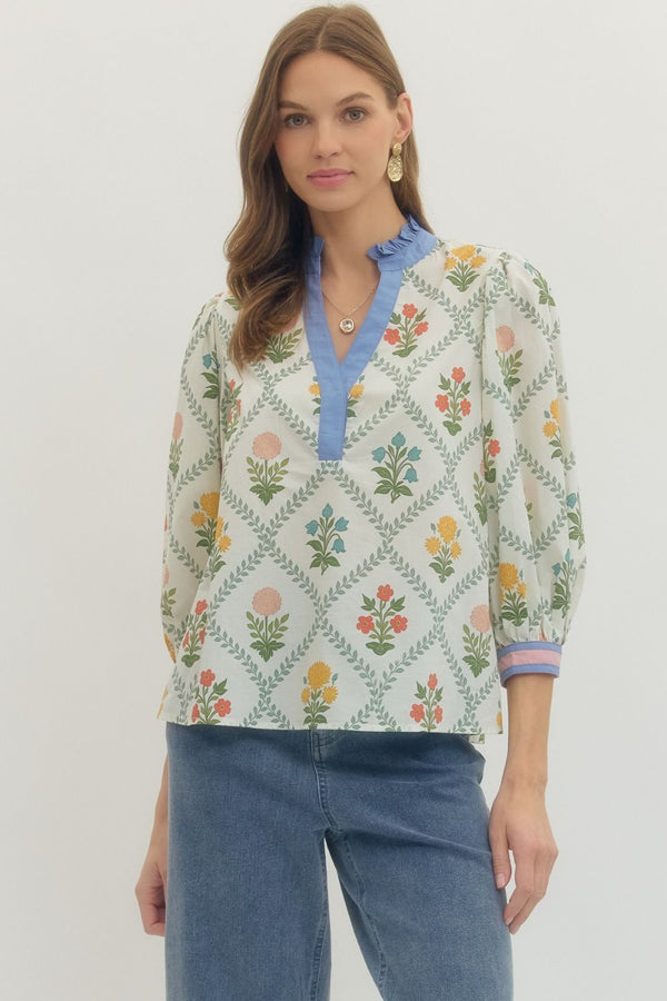 Floral Print 3/4 Puff Sleeve Top w Ruffled Trim
