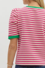 Pink Striped Top w/ Kelly Green Trim