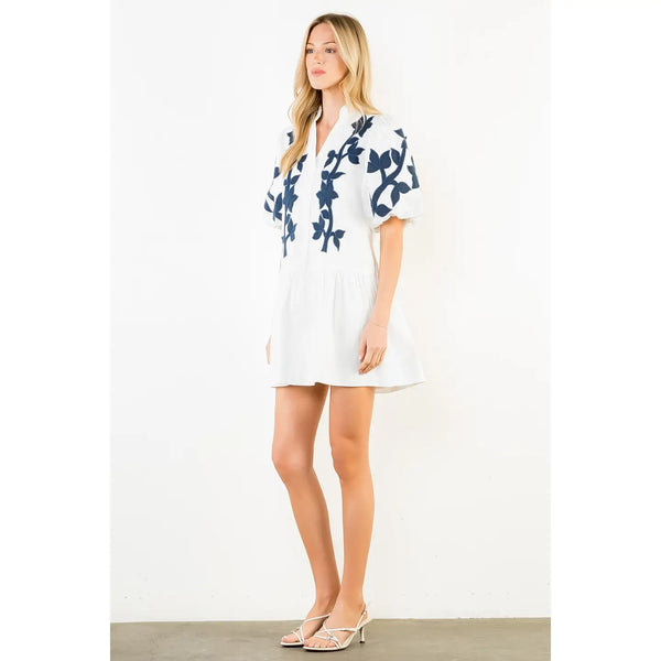 Emb Puff Sleeve Short White Dress