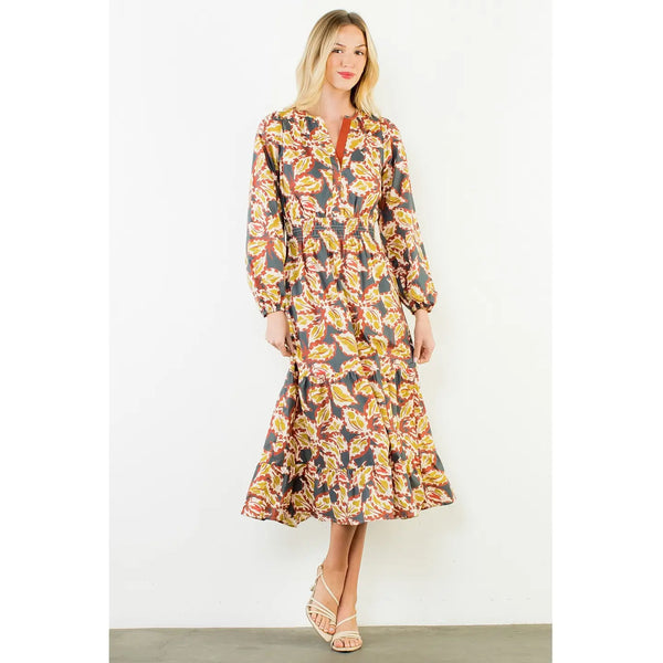 Leaf Print Cinched Waist Maxi Dress