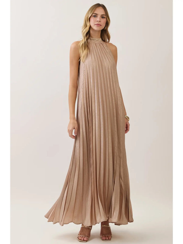 Gold Metallic Pleated Halter Maxi Dress