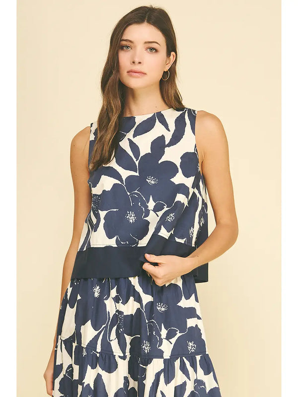 Floral Navy Sleeveless Crop Top