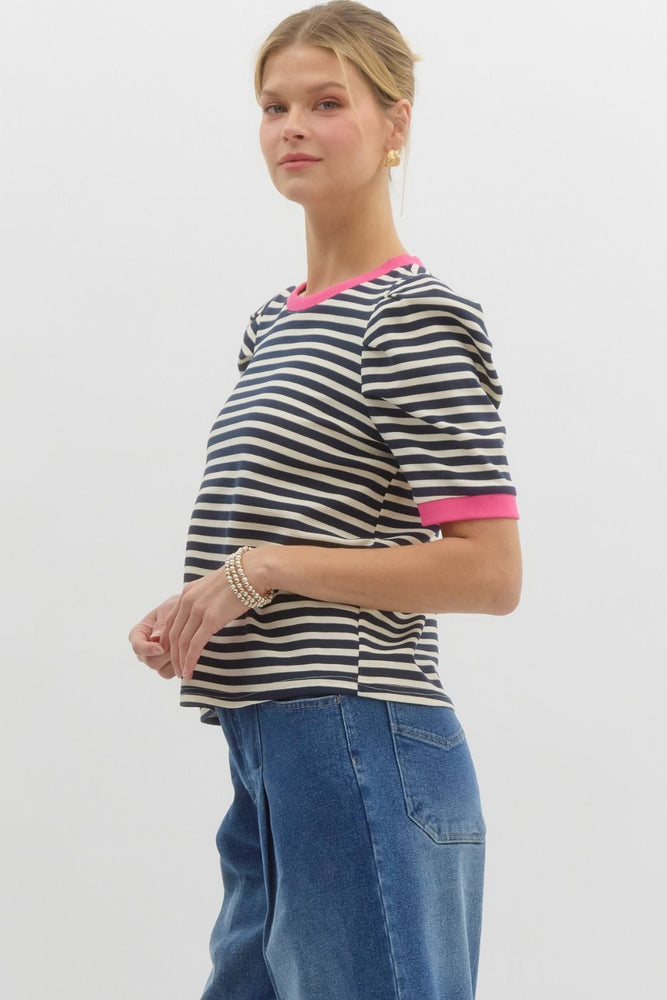 Navy Striped Top w/ Hot Pink Trim