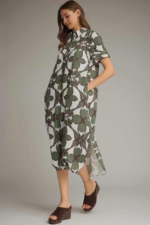 Olive Printed Shirt Dress featuring Gold Button Detail