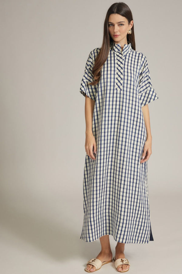 Navy Gingham Short Sleeve Midi Dress Featuring Shirt Collar