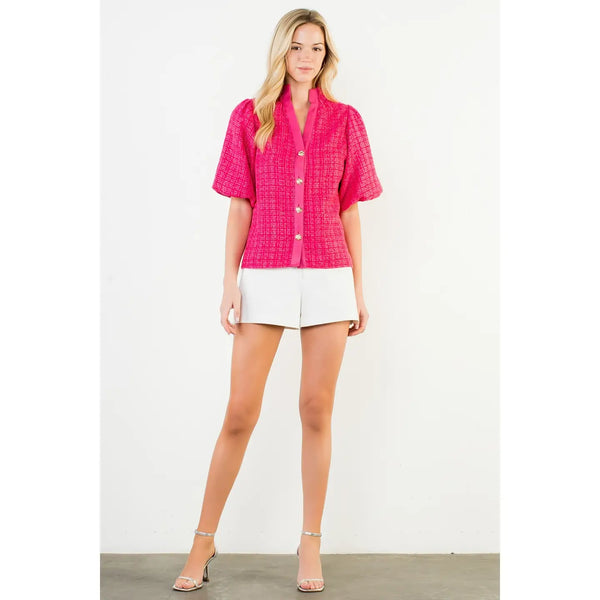Pink Puff Sleeve Tweed Knit Top
