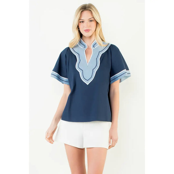 Wide Sleeve Contrast Trim V-Neck Top Navy