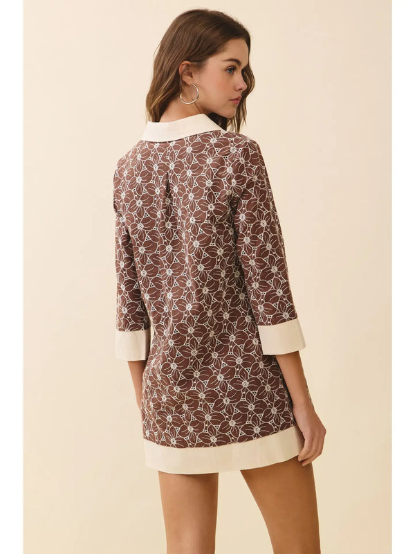 Brown Floral Print Contrast Collar and Hem Tunic Dress