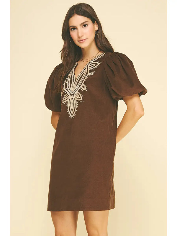 Corduroy Emboidery Detailed Mini Dress | Chocolate