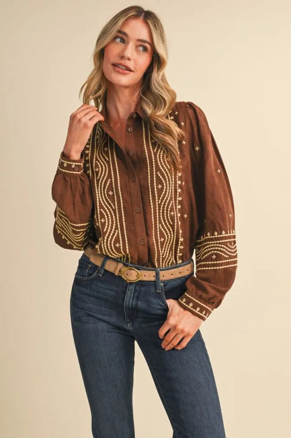 Suede Chocolate Brown Embroidered Top