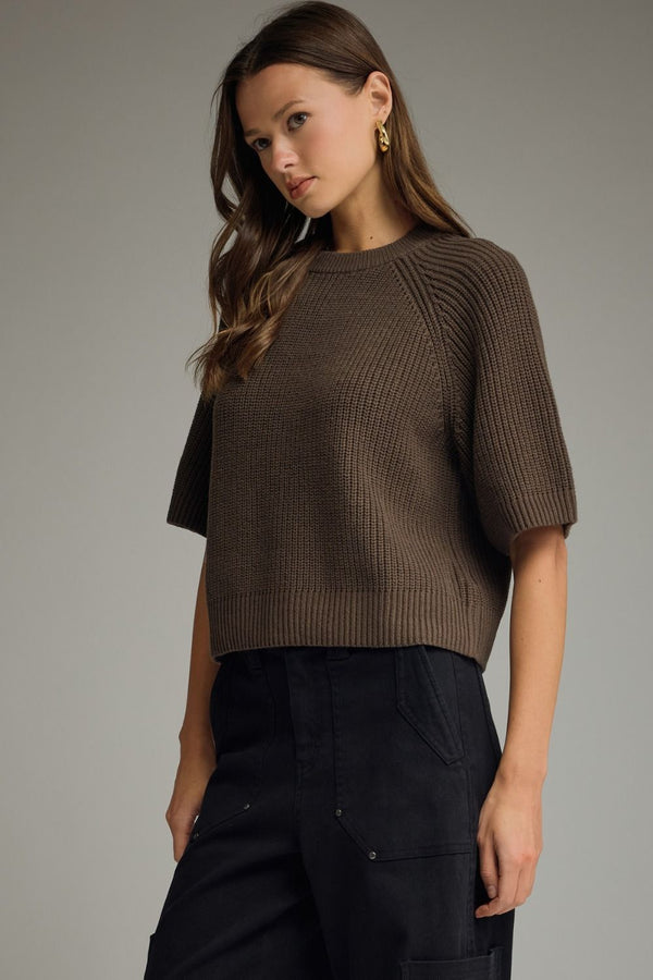 Brown Short Sleeve Sweater Textured Knit Top