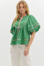 Green Multi Color Trim Puff Sleeve Top