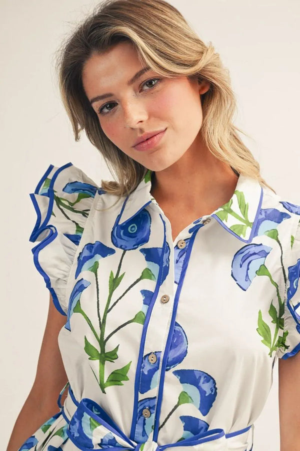 Layered Sleeves Button Down Floral Dress w Contrast Scallop Hem