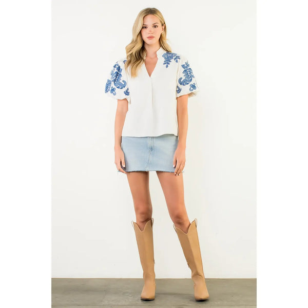 Puff Sleeve Embroidered Detail Corduroy Top in Cream