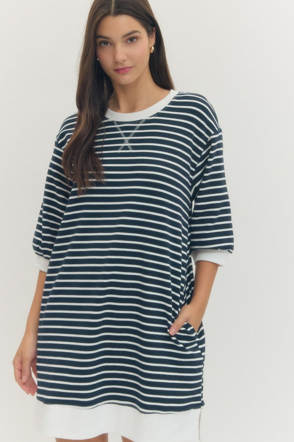 Navy Striped 3/4 Sleeve Mini Dress