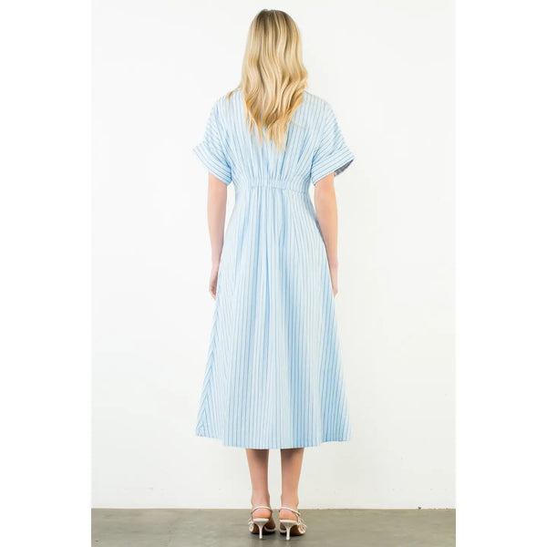 Short Sleeve Striped Button Down Dress LT. Blue