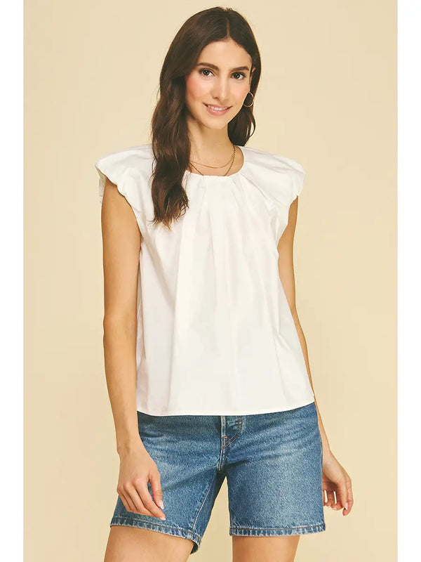 White Pleated Flutter Sleeve Blouse