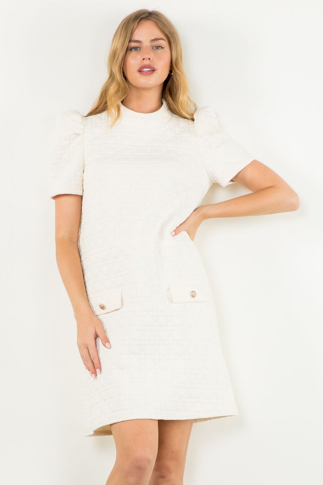 Cream Short Sleeve Textured Dress