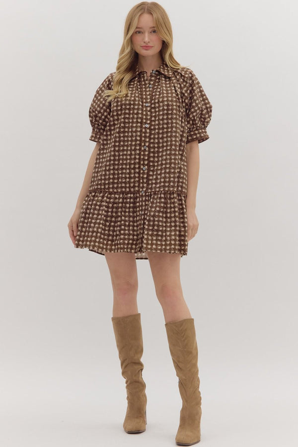 Brown Geometric Print Puff Sleeve Mini Dress