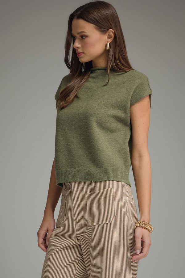 Olive Cap Sleeve Top w Rolled Mock Neck