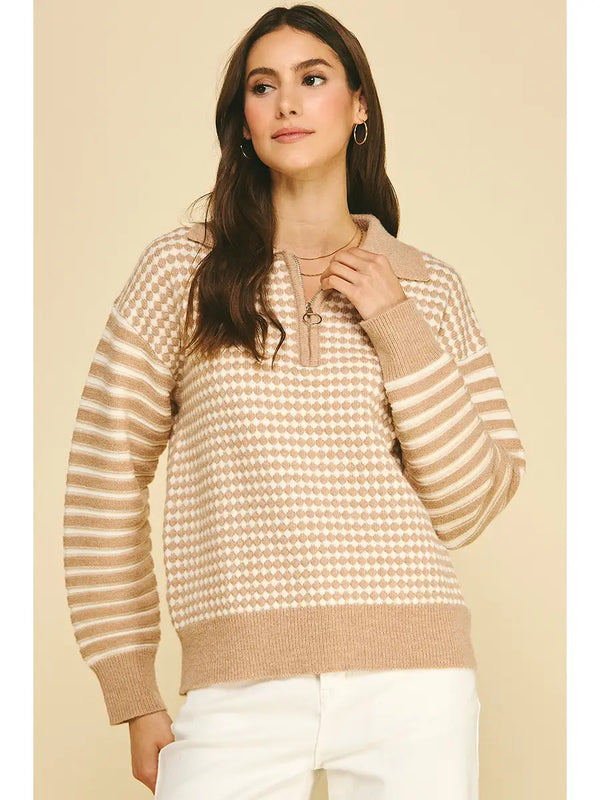 Mixed Pateern Quarter-Zip Knit Sweater | Oatmeal