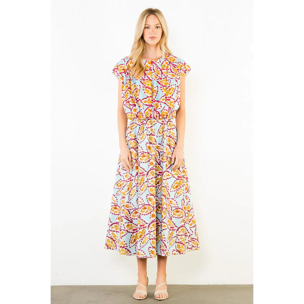 Sleeveless Blue Pattern Top with Button Back